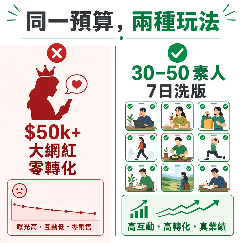 同一預算兩種玩法:大網紅 vs 30–50 素人矩陣對比圖